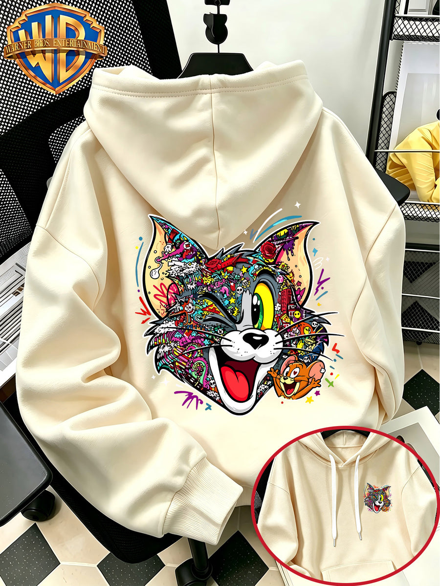 Autumn Winter Trendy Fashion Drawstring Pocket Hooded Men'S Sweatshirt, Multi-Color Graffiti Fun Cool Classic Mouse Cat Head Cartoon Print Design, Sporty Fashion Loose Hoodie, Casual Daily Wear, Trendy For, Suitable for Home And Outings, Unisex - Apricot