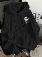 Women'S Fashion Starry Moon Print Casual Hooded Sweatshirt - Black