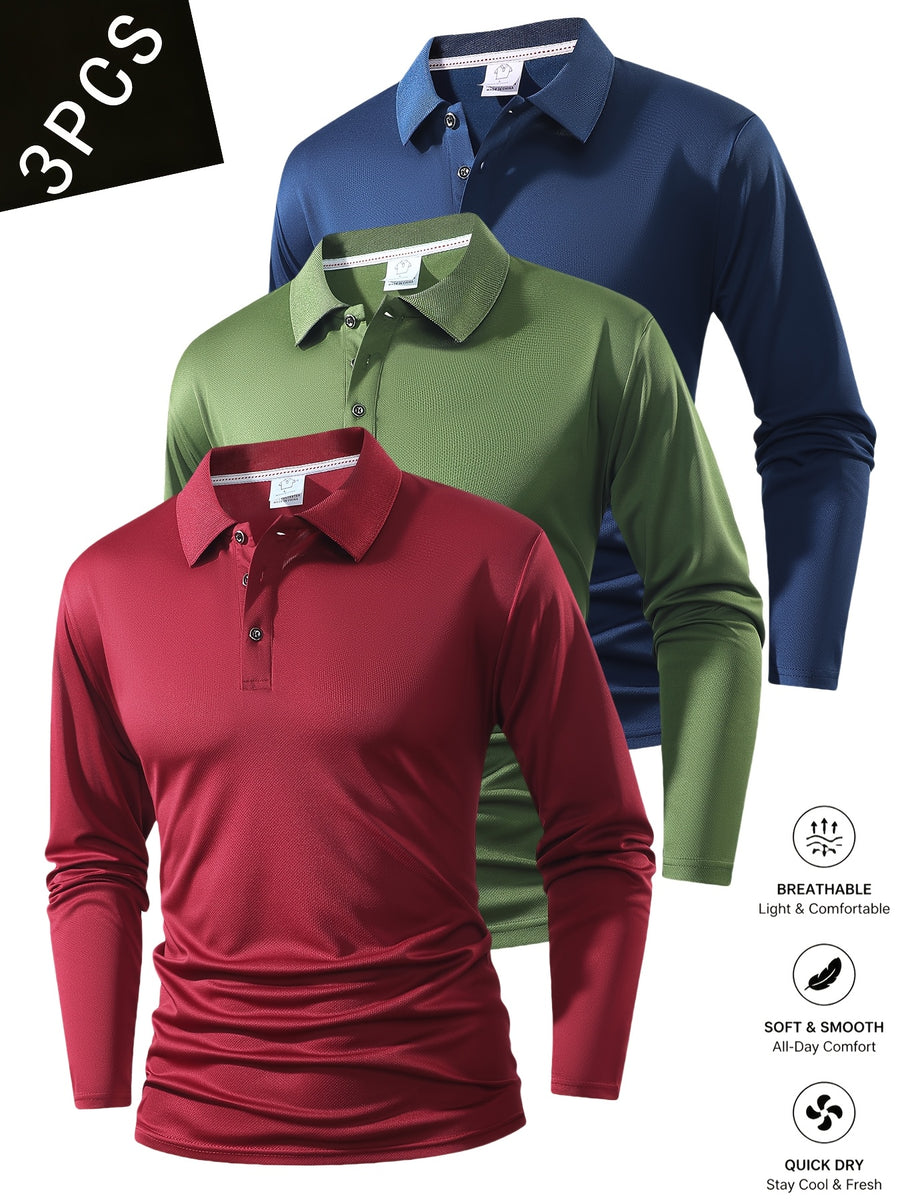 Spring And Autumn Explosive Value Three-Piece POLO Collar Long-Sleeved Top for Men, Stylish, Easy And Versatile, Solid Color Design, Multi-Color Optional Sports And Casual, Soft And Comfortable, Jumper, 220G/Square Meter Fabric Weight - Red+Green+Navy Blue