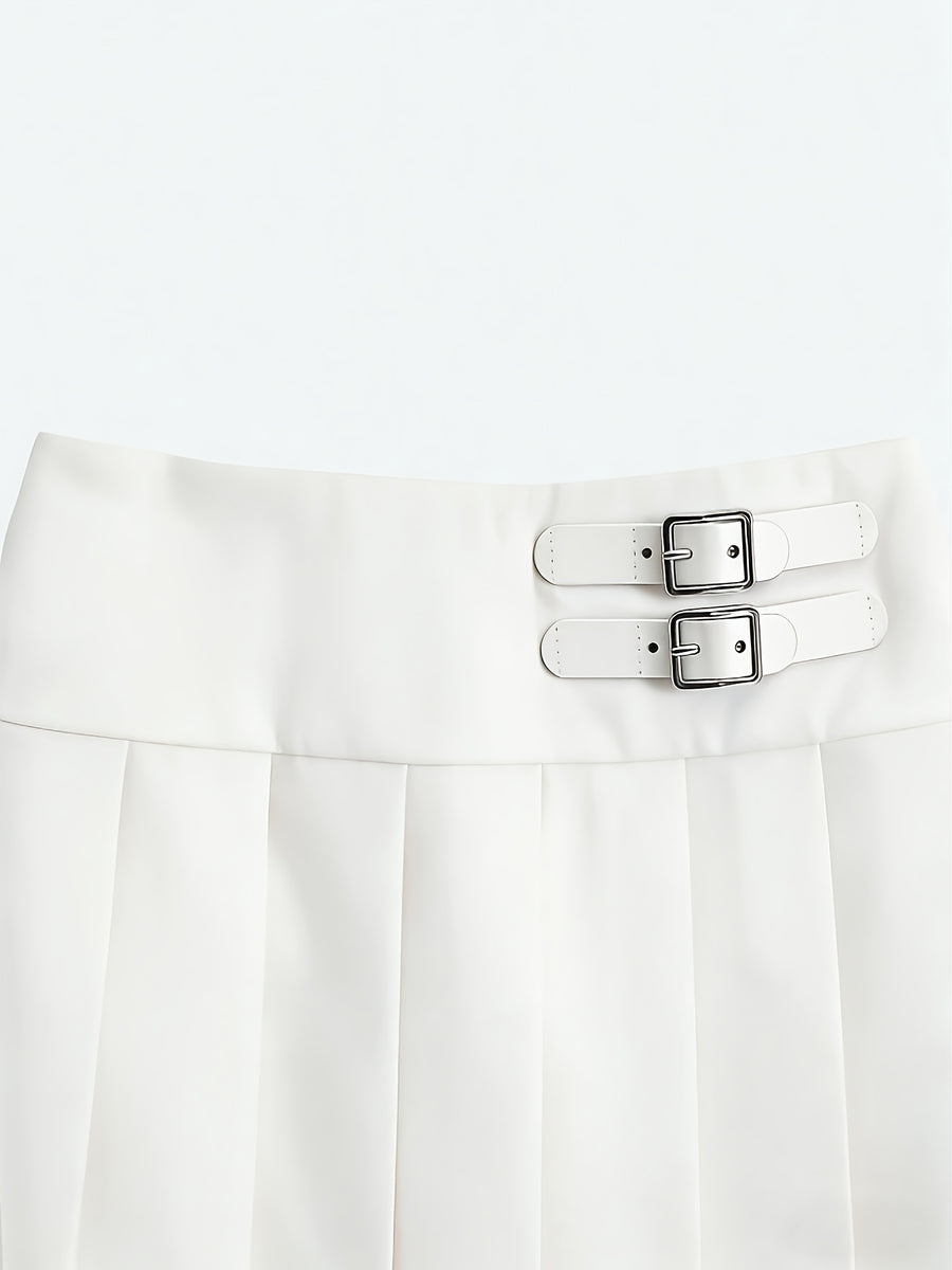 [Development ZD260112084] Women's Casual Cropped Pleated Skirt with Decorative Accessory Buckle (Lined) - White