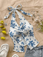 Women's New Chinese-Style Blue and White Porcelain Print Halter Neck Camisole Top, Vintage Print Twist Knot Backless Hot Crop Top. Women's Backless Camisole Crop Top, Slim Fit Figure-Flattering Crop Top, Suitable for Summer, Spring Break, St. - Sky Blue