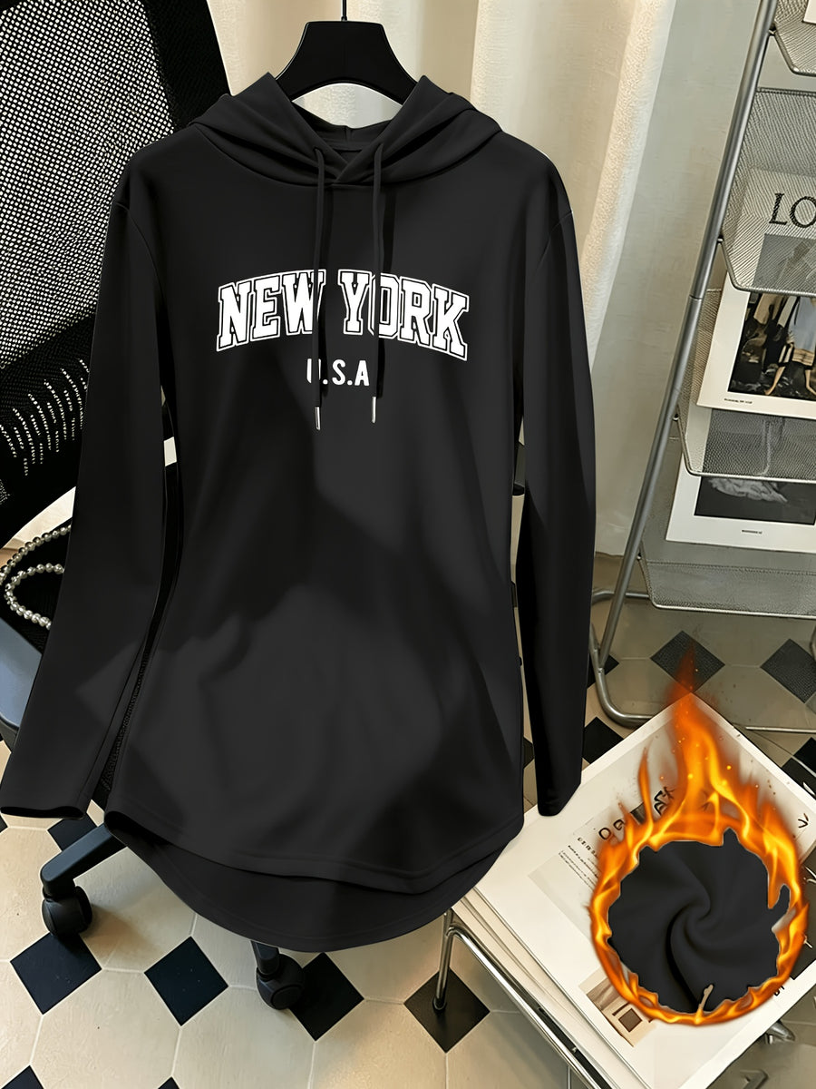 Women's Mid-Length Hooded Sweatshirt, Loose Fit, Hip-Covering, Letter Print, Drawstring Pullover Top - Black