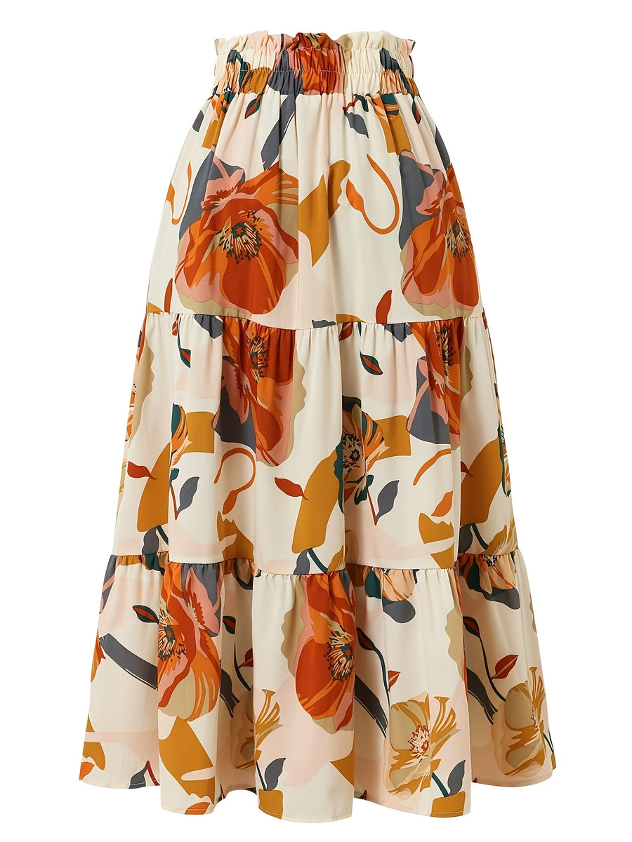 Women's Maxi Dress Skirt with Elastic Waist - A-Line Flowy Umbrella Hem, Mustard & Peach Floral Print (Beige/) - Machine Washable Long Dress for Wedding Guest, Party, - Boho-Chic Spring Summer Fall Outfit, Dresses For Women Elegant Classy, Dress For - Multicolor