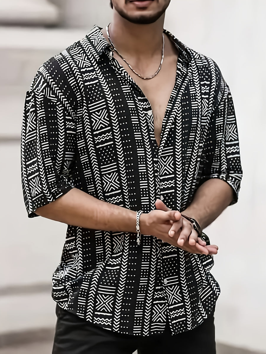 Men's Casual Loose Summer Beach Striped Contrasting Short Sleeved Shirt for Daily Casual Wear - Black
