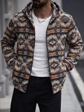 Men'S New American Ethnic Style Hooded Zipper Long Sleeve Jacket, Retro Geometric Jacquard Fabric Thick And Soft, Loose Fit for All Body Types. Hood And Full Zipper Design for Easy Dressing, Suitable for Daily Commute And Outdoor Travel - Khaki