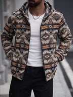 Men'S New American Ethnic Style Hooded Zipper Long Sleeve Jacket, Retro Geometric Jacquard Fabric Thick And Soft, Loose Fit for All Body Types. Hood And Full Zipper Design for Easy Dressing, Suitable for Daily Commute And Outdoor Travel - Khaki