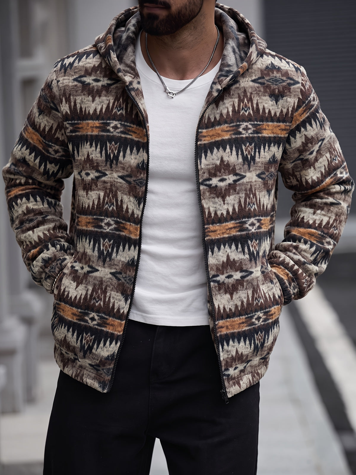 Men'S New American Ethnic Style Hooded Zipper Long Sleeve Jacket, Retro Geometric Jacquard Fabric Thick And Soft, Loose Fit for All Body Types. Hood And Full Zipper Design for Easy Dressing, Suitable for Daily Commute And Outdoor Travel - Khaki