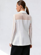 Fashionable Women's Elegant Blazer, Stylish High-End Mesh Patchwork Double-Breasted New Casual Suit Jacket - White