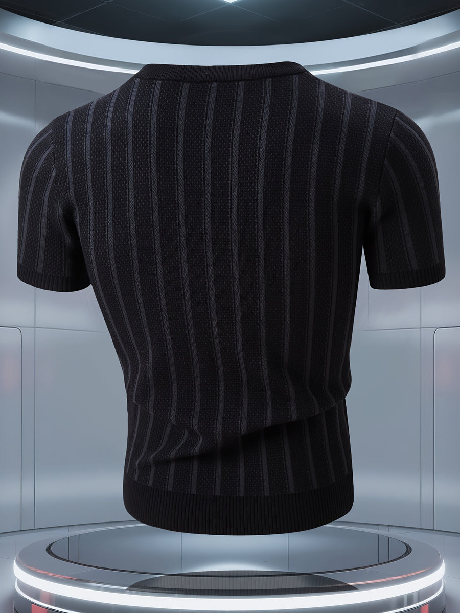 Men'S Knitted Short-Sleeved Sweater, Half-Sleeve Knit Shirt, Round Neck Sweater, Suitable for Autumn/Winter And Spring, Can Be Worn Alone Or As a Base Layer, Soft Fabric, Can Be Worn Close to The Body, Heavy-Duty Knitted Jacquard Pattern - Black