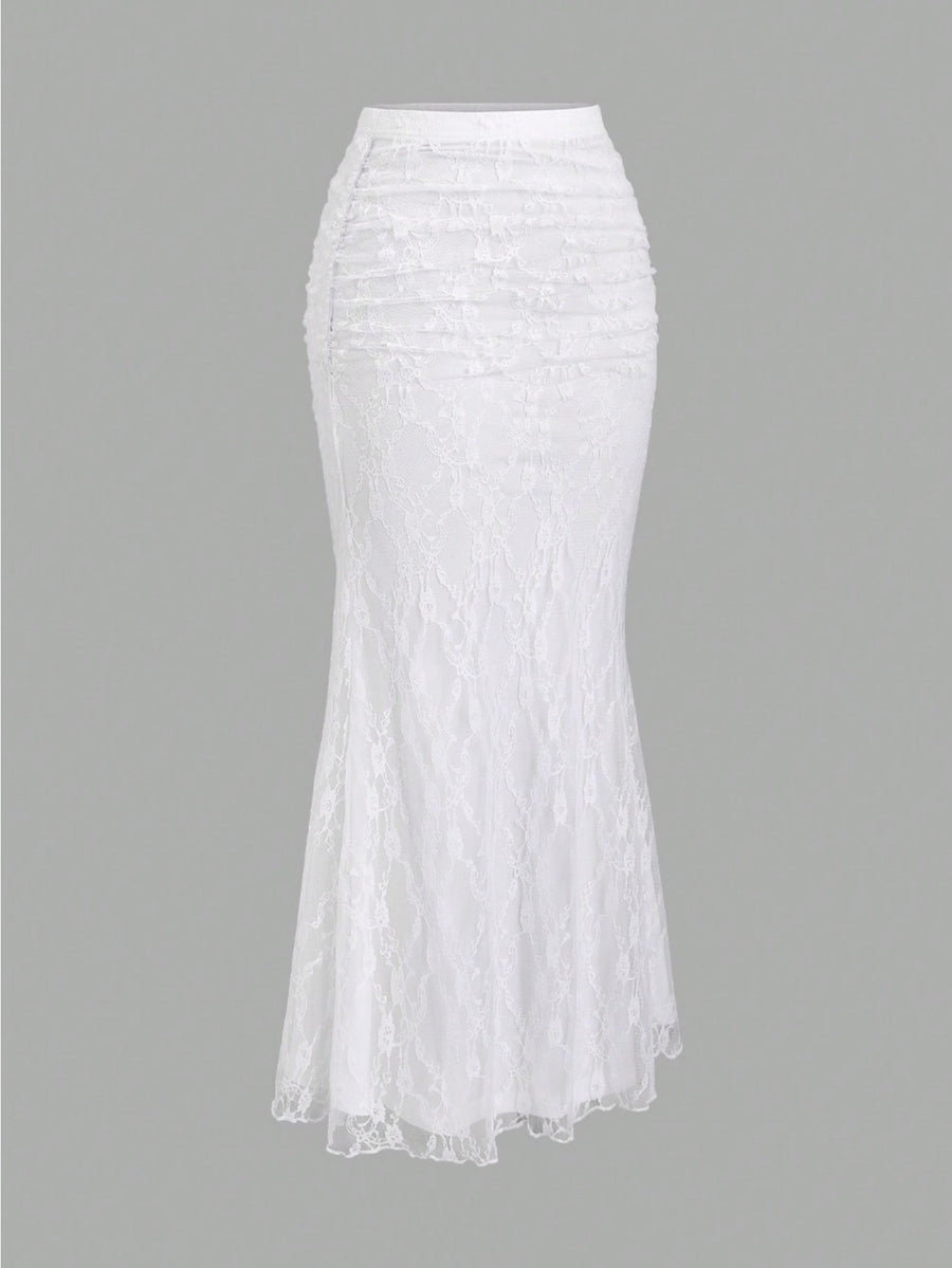 French-Style High-End Lace Mermaid Skirt for Women, Slim-Fit Commuter Daily Long Skirt - White