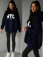 Women'S Stylish Hoodie with Side Slits And Drawstring for Autumn And Winter, Perfect for And Casual Wear, Featuring Cute Prints And a Comfortable Fit, Available in Multiple Colors - Navy Color