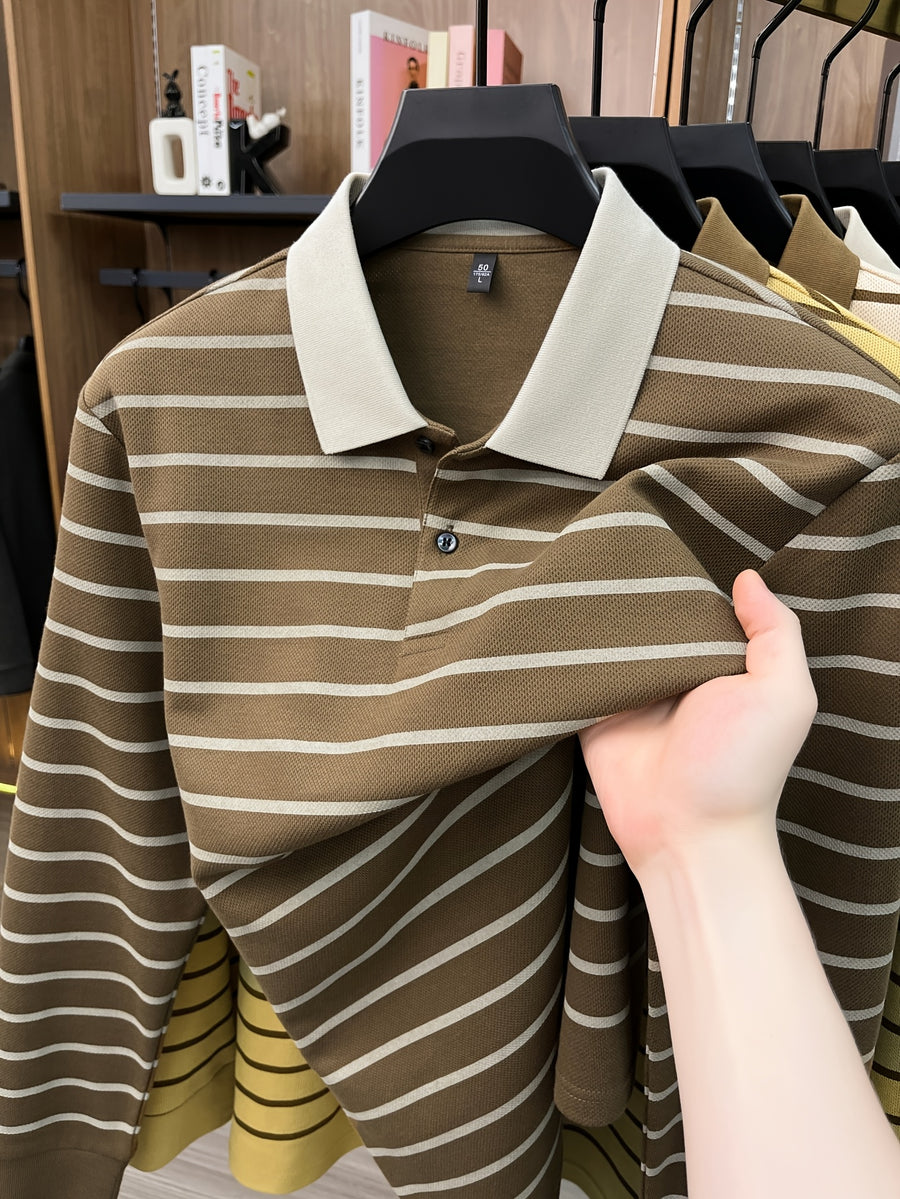 2026 Autumn Men's Long-Sleeve Striped Casual Lapel Polo Shirt - Coffee Color