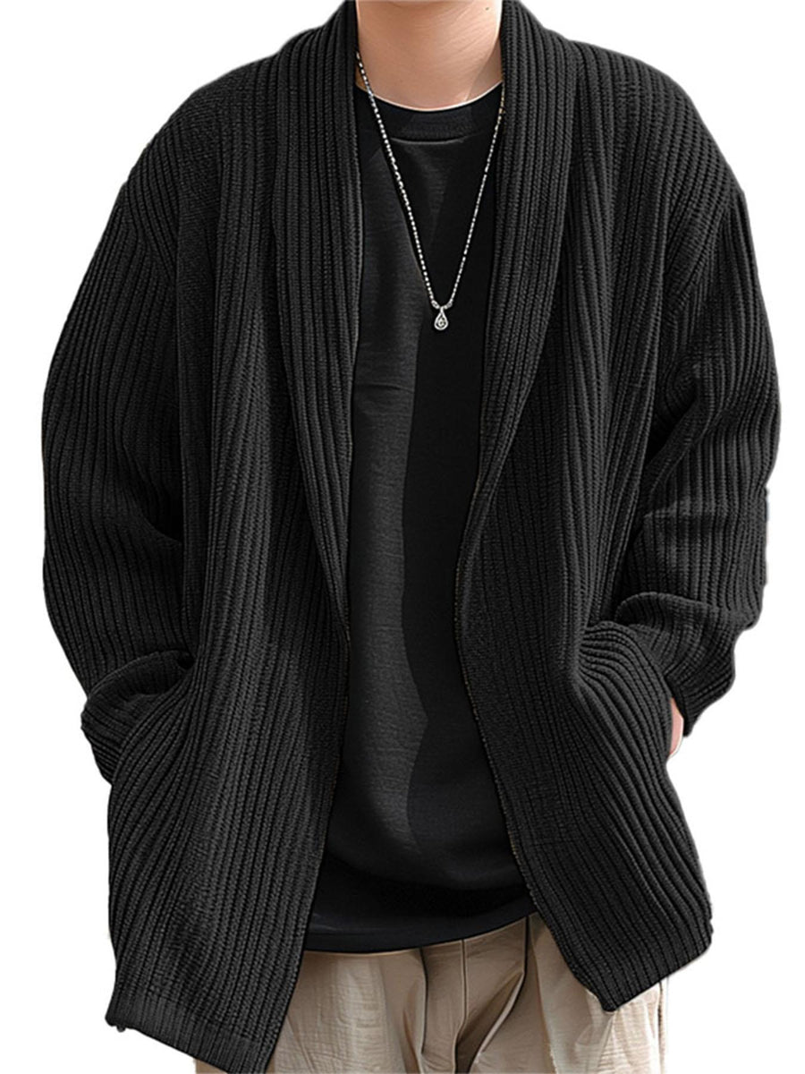 INCERUN Men Corduroy Coat Shawl Collar Long Sleeve Solid Simple Outdoors Coat Kimono Cardigan - Black