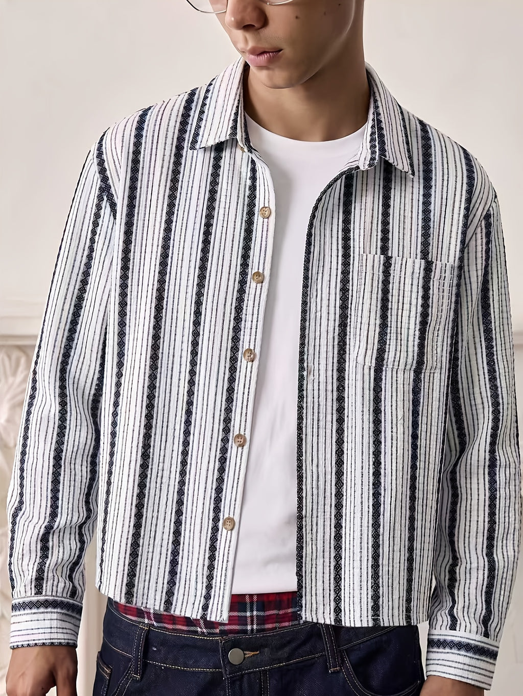 Men's Corduroy Textured Notch Lapel Long Sleeve Casual Shirt for Daily Commuting, Artistic and Trendy Vintage Ethnic Style Vertical Stripe Long Sleeve Shirt - White