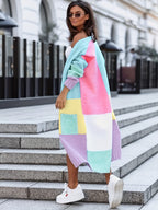 Women's Autumn/Winter Long Sleeve Color Block Patchwork Loose Fit Fashionable Commuter Outfit, Age-Reducing Versatile Cardigan Sweater with Pockets, Long Coat, Niannian - Mixed colors