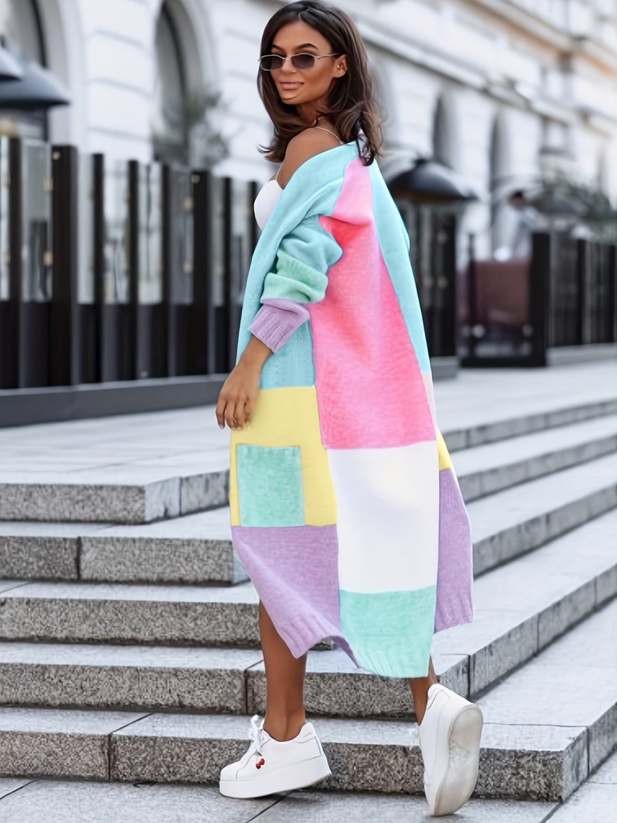 Women's Autumn/Winter Long Sleeve Color Block Patchwork Loose Fit Fashionable Commuter Outfit, Age-Reducing Versatile Cardigan Sweater with Pockets, Long Coat, Niannian - Mixed colors