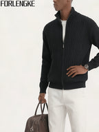 FORLENGKE Men'S Half-Turtleneck Zip-Up Knit Cardigan with Vintage Cable Knit Texture, Solid Color Sweater Jacket, New Autumn/Winter Trendy Long-Sleeve Top, Soft And Skin-Friendly Knit Fabric, Perfect for Everyday Outings, Shopping, And Casual Wear - Black
