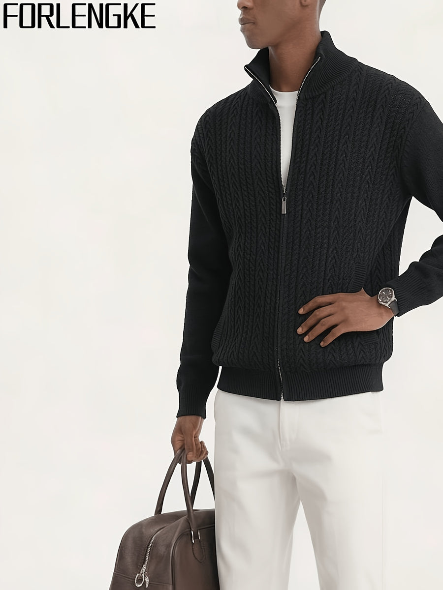 FORLENGKE Men'S Half-Turtleneck Zip-Up Knit Cardigan with Vintage Cable Knit Texture, Solid Color Sweater Jacket, New Autumn/Winter Trendy Long-Sleeve Top, Soft And Skin-Friendly Knit Fabric, Perfect for Everyday Outings, Shopping, And Casual Wear - Black