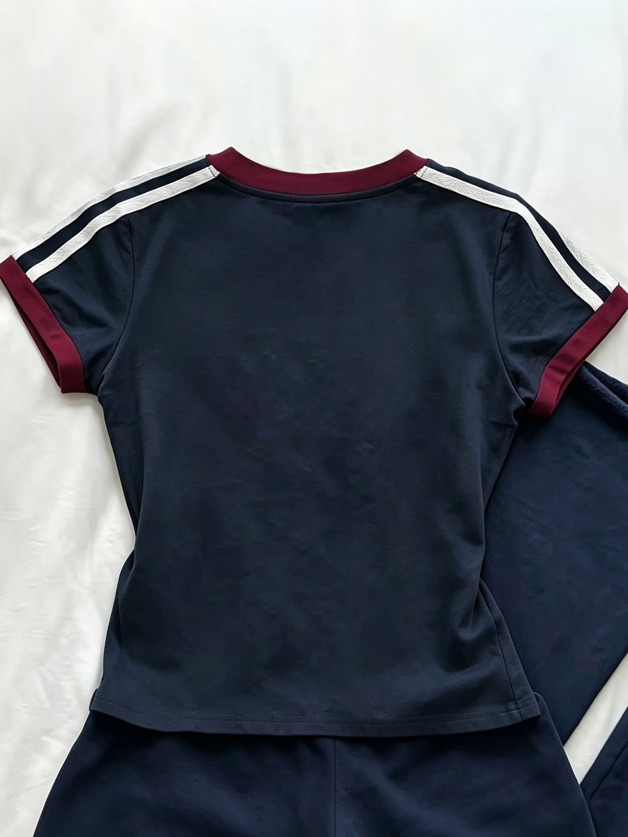 Women's Regular Shoulder-to-shoulder Fit, Round Neck, Color-blocked, Slim-fit, Simple Line Pattern Print, Trendy Niche, Casual, Minimalist, Y Short-sleeve T-shirt Top - Navy Blue 2