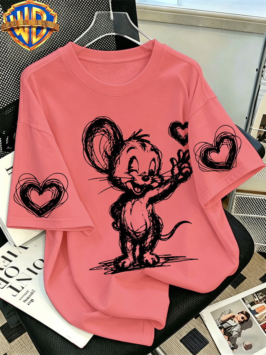 Warner Bros. Official - Minimalist Anime-style T-shirt Featuring a Hand-drawn 'finger Heart' Sketch; Men's 100%, Comfortable, Versatile, and Loose-fitting Short-sleeve Summer Tee-suitable for Outdoor Activities and Casual Attire. - Rose Red
