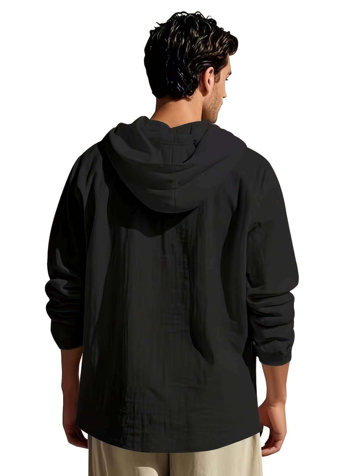 Spring/Autumn Men's Solid Color Half-Zip Hooded Long-Sleeve Single-pc Top, Simple and Comfortable Letter Print Shirt, Streetwear for Outings, Visiting, and Casual Wear - Black