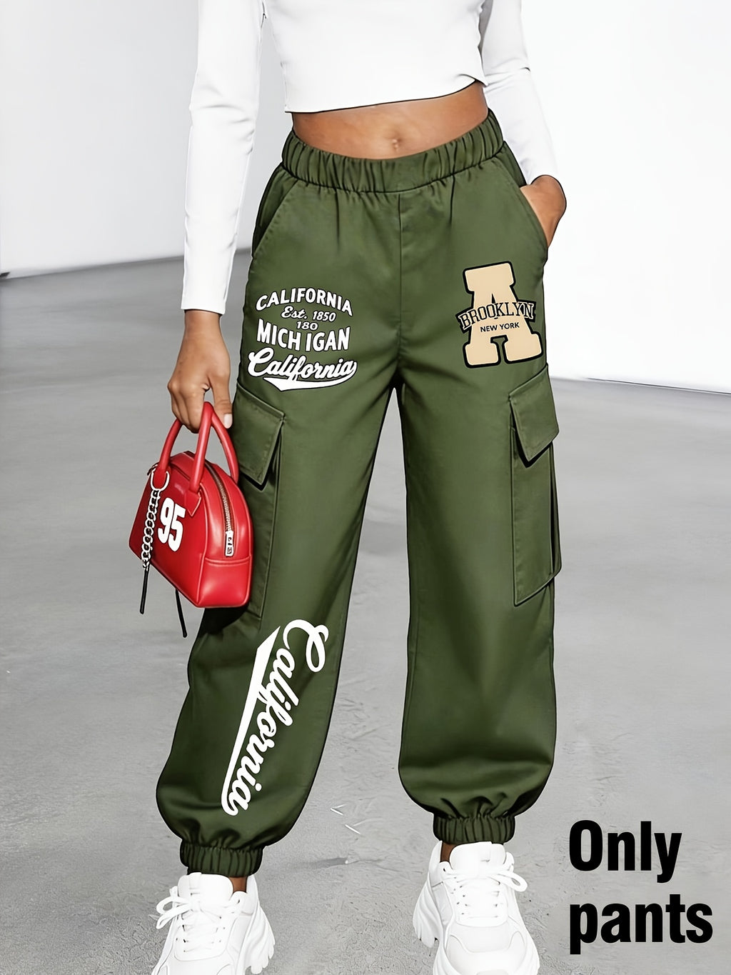 New Arrival - Women'S Long Pants (Single Piece), Cute And Fun Pattern Letter Print Cargo Pants, Multi-Pocket Design, Digital Cartoon Pattern, Cargo Style, Fashionable for Ages 18-25, Machine Washable, Durable Fabric - Perfect for Spring Summer - Olive Green