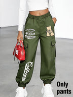New Arrival - Women'S Long Pants (Single Piece), Cute And Fun Pattern Letter Print Cargo Pants, Multi-Pocket Design, Digital Cartoon Pattern, Cargo Style, Fashionable for Ages 18-25, Machine Washable, Durable Fabric - Perfect for Spring Summer - Olive Green