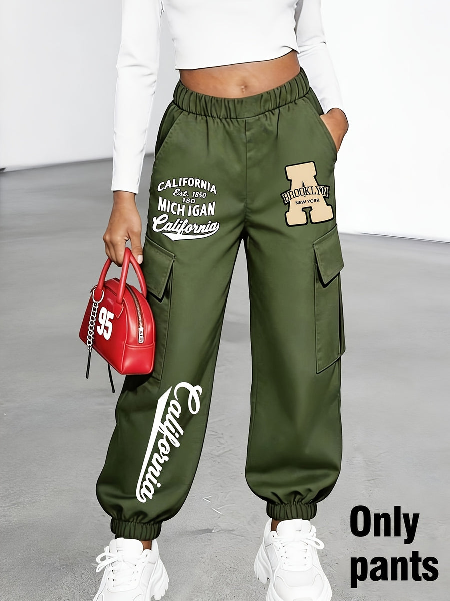 New Arrival - Women'S Long Pants (Single Piece), Cute And Fun Pattern Letter Print Cargo Pants, Multi-Pocket Design, Digital Cartoon Pattern, Cargo Style, Fashionable for Ages 18-25, Machine Washable, Durable Fabric - Perfect for Spring Summer - Olive Green