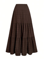 Women's Elegant Bohemian Smock Skirt - Double-Layer Smock Hem Maxi Length, Loose -Line Swing Skirt Suitable for Daily Wear, Office, Travel, Machine Washable Solid Color Skirt for Spring Summer Fall - Coffee Brown