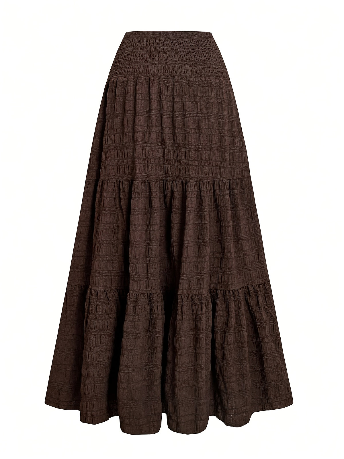 Women's Elegant Bohemian Smock Skirt - Double-Layer Smock Hem Maxi Length, Loose -Line Swing Skirt Suitable for Daily Wear, Office, Travel, Machine Washable Solid Color Skirt for Spring Summer Fall - Coffee Brown