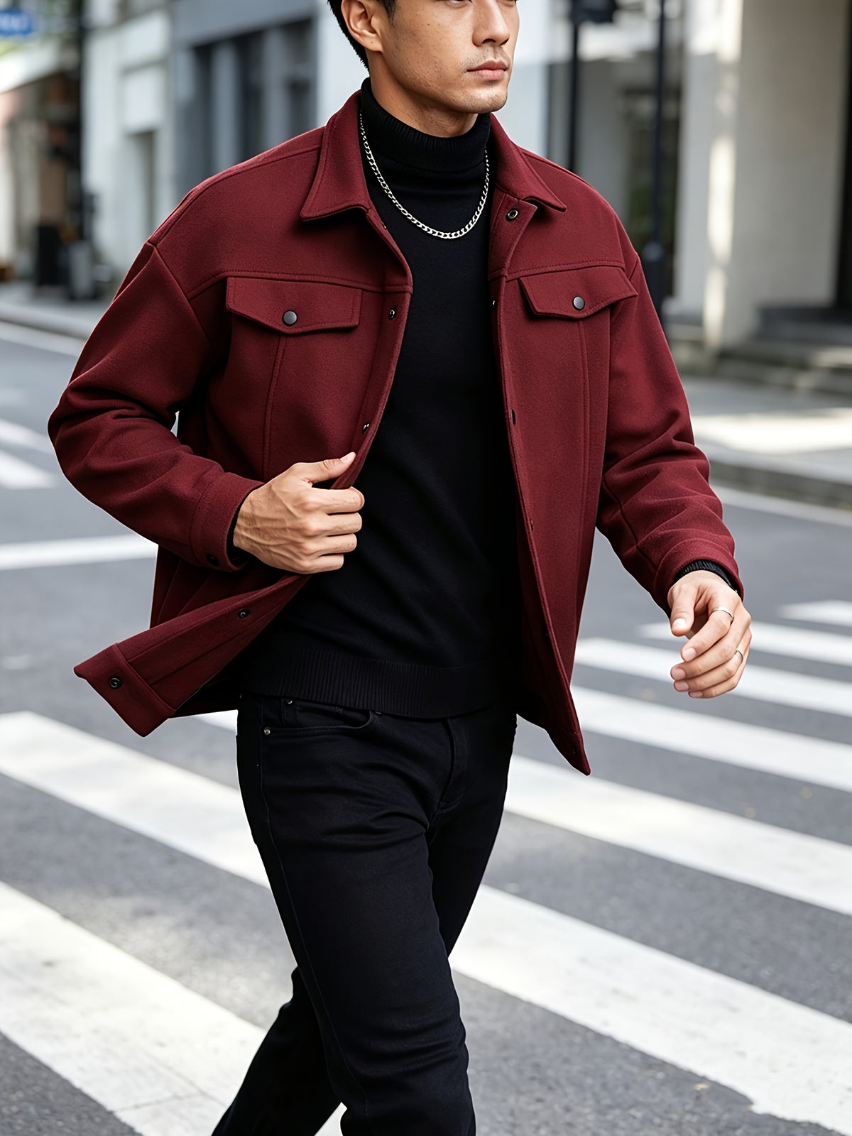 Autumn Winter Men'S Short Jacket Loose Lapel Cargo Coat Youth Solid Color All-Match Casual Top - Deep Red