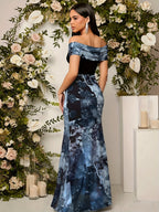 Retro Floral Off-Shoulder Women'S Dress, Artistic Patchwork And French Bare-Shoulder Style - Light Blue