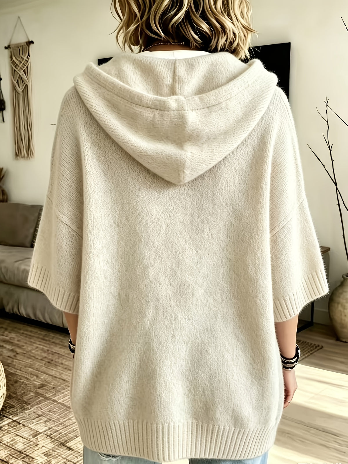 Women's Elegant Casual Three-Quarter Sleeve Drawstring Hooded Sweatshirt - Off-white