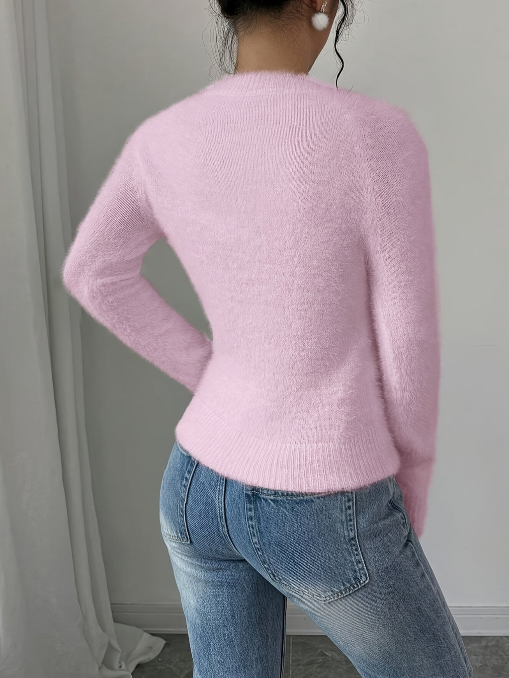 Elegant Women'S Autumn Winter Round Neck Faux Fox Pullover - Pink Color