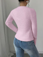 Elegant Women'S Autumn Winter Round Neck Faux Fox Pullover - Pink Color