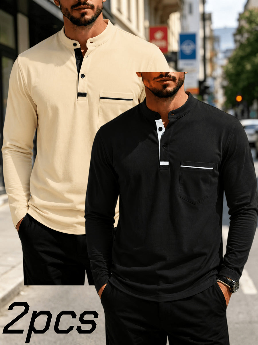 2pcs Men's Stand Collar Long Sleeve Henley Shirt, Casual Half-Button T-Shirt with Pockets, Lightweight and Breathable Stand Collar Pullover Top, Suitable for Daily, Office, and Outdoor Scenes - Khaki + Black