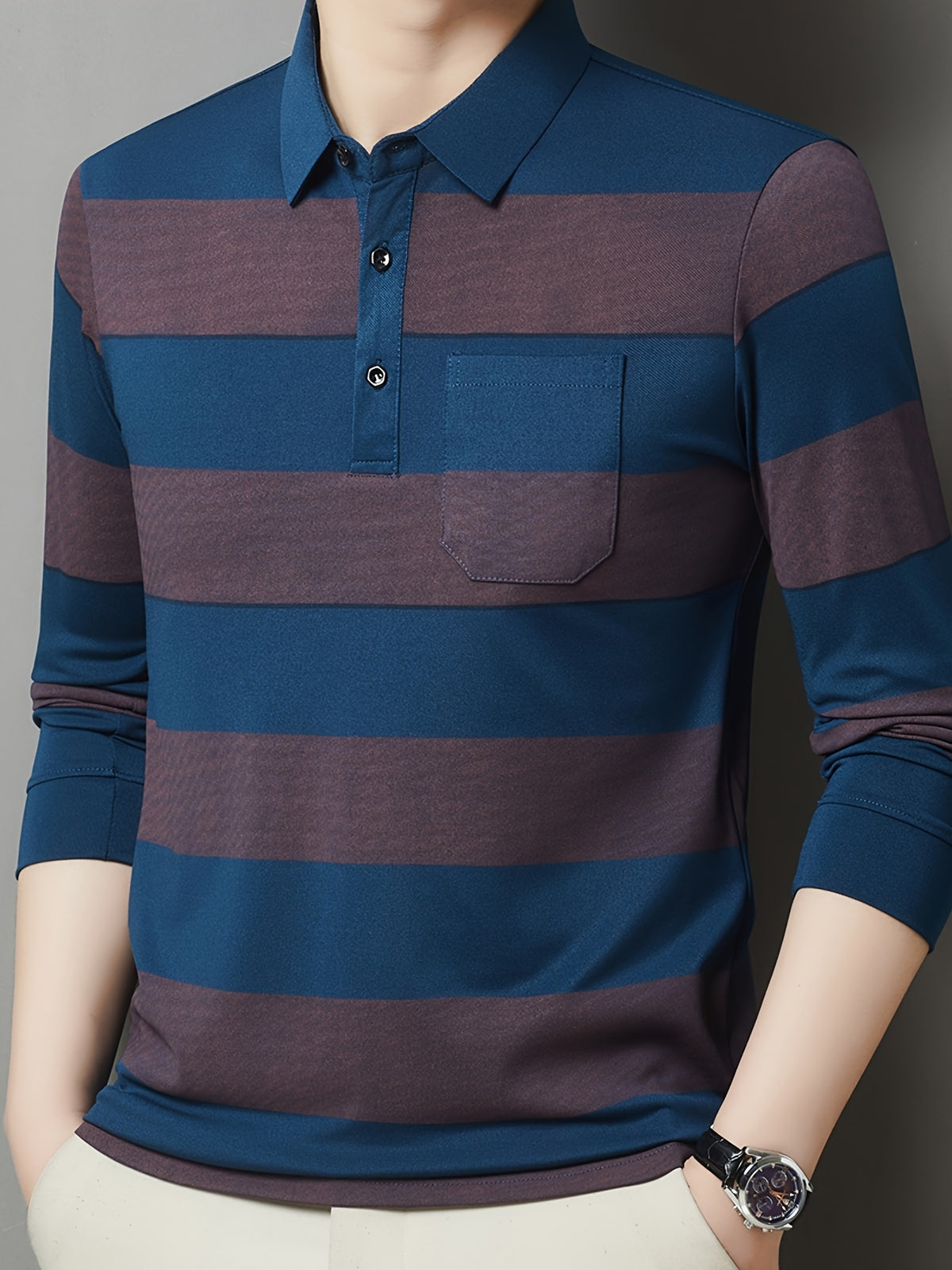 SaXing OBM Men's New Spring/Autumn Polo Shirt, Contrast Color Half-Open Placket Single-Breasted Polo Collar Long Sleeve Pullover Base Layer Top, Suitable for Spring, Summer, Autumn, and Winter Wear, Versatile for Daily and Casual Wear - Navy