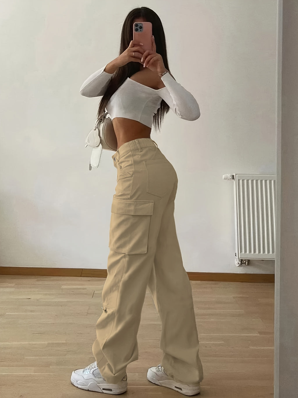 Designer Cargo Pants with Flap Pockets, Women's Elegant Casual Solid-color Trousers, Women's Pants - Khaki