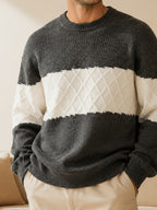 Men's Du Jing Lan OBM Contrast Color Knit Sweater - Old Money Style Business Casual Pullover with Color-Blocking, Ribbed Crew Neck Sweater Suitable for Layering, Golf, Basketball, Outdoor & Daily Wear, Spring/Autumn Winter Wardrobe - Grey