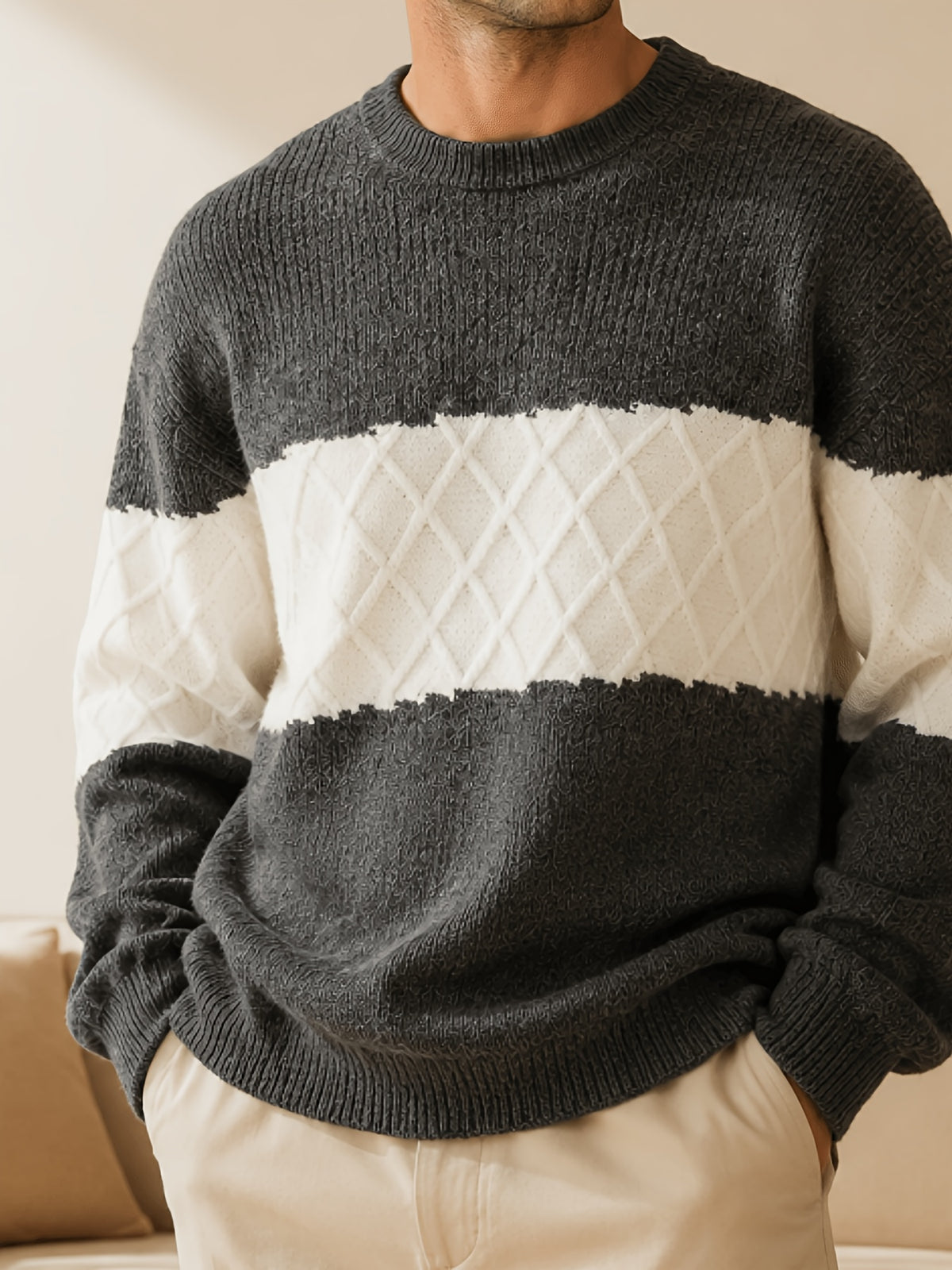 Men's Du Jing Lan OBM Contrast Color Knit Sweater - Old Money Style Business Casual Pullover with Color-Blocking, Ribbed Crew Neck Sweater Suitable for Layering, Golf, Basketball, Outdoor & Daily Wear, Spring/Autumn Winter Wardrobe - Grey