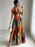 New French-Style Casual Elegant Sexy High-End Design V-Neck Backless Spaghetti Strap Waist-Revealing A-Line Slit Sleeveless Long Dress, Red and Green Floral Print, High-Quality Exquisite Women's Clothing - Multicolor
