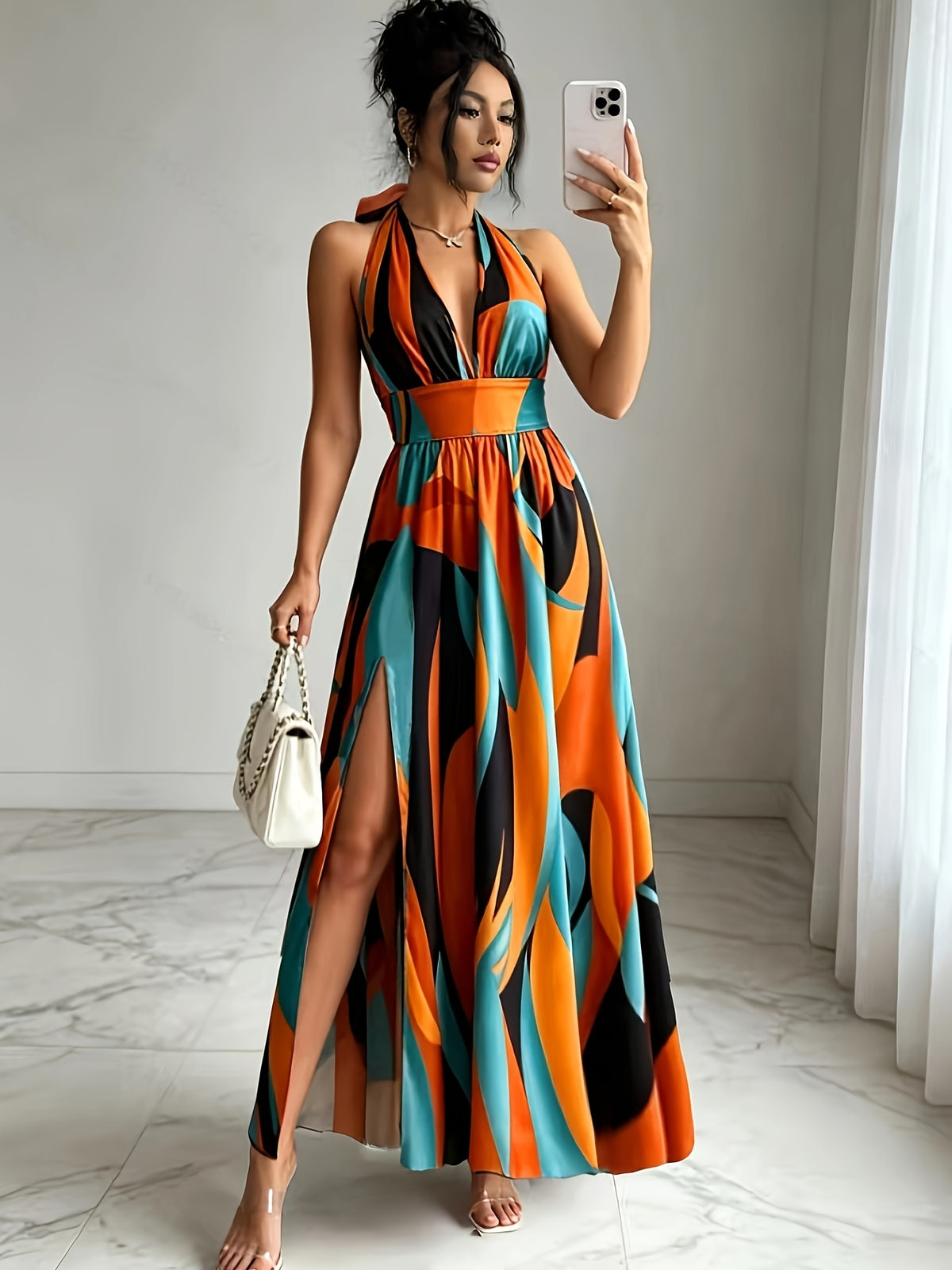 New French-Style Casual Elegant Sexy High-End Design V-Neck Backless Spaghetti Strap Waist-Revealing A-Line Slit Sleeveless Long Dress, Red and Green Floral Print, High-Quality Exquisite Women's Clothing - Multicolor
