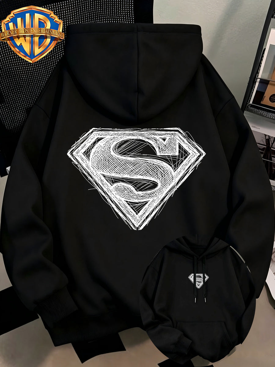 [Authorized by Warner Genuine] Fashion Hip Hop Print Fashion Brand Fashion Casual Versatile Sports Drawstring Pocket Hooded Men's Sweater, Men's Autumn and Winter Cute Casual Style, Sports Style Fashion Loose Hoodie, Daily Casual Wear. - Black