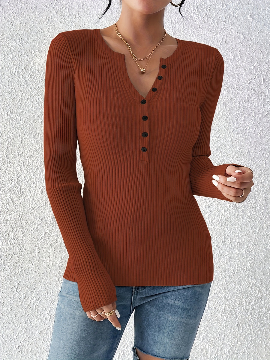 Front button solid ribbed sweater, elegant long-sleeve fitted cardigan, suitable for autumn and winter season, Women's clothing - Maroon