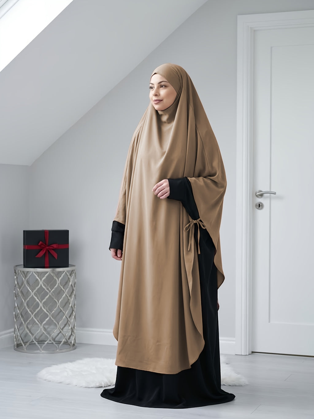 Solid Color Nidaga Prayer Jilbab. The Fabric Is Skin-Friendly And Breathable, Suitable for Women to Wear And Pray Everyday. Robe Abaya (One-Piece Khimar) with Strong Drape, Loose Fit, Ideal for Busy Daily Use Or Prayer - Khaki