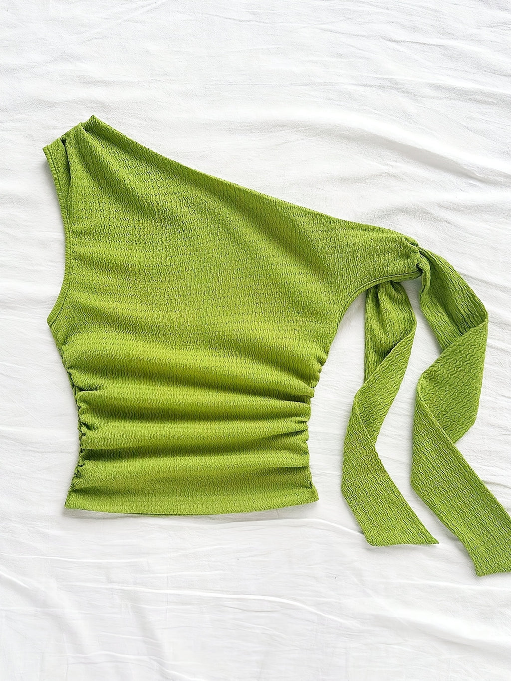 Sexy Asymmetrical Tie-Front Flowy Casual Slim-Fit Solid Color Women'S One-Shoulder Top for Spring And Autumn, Perfect for Parties, Vacations, Music Festivals, Bohemian Style, Holiday Dates, And Afternoon Tea - YTD Cherry - Greenish Yellow
