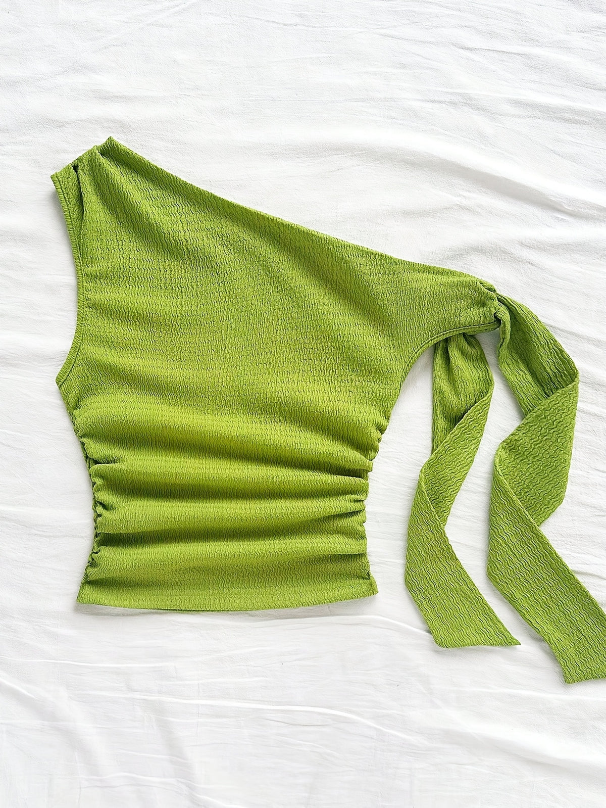 Sexy Asymmetrical Tie-Front Flowy Casual Slim-Fit Solid Color Women'S One-Shoulder Top for Spring And Autumn, Perfect for Parties, Vacations, Music Festivals, Bohemian Style, Holiday Dates, And Afternoon Tea - YTD Cherry - Greenish Yellow