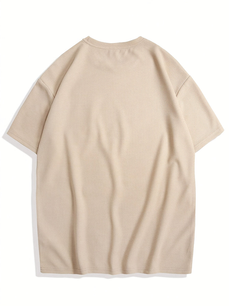 Men's Waffle-Knit Short Sleeve T-Shirt - Breathable Base Layer & Casual Round Neck Pocket Tee, Solid Color Suitable for Gym, Casual Attire, Machine Washable, Spring/Summer Layering Shirt, High-Fit Rate for Lifestyles - Navy Blue + Apricot