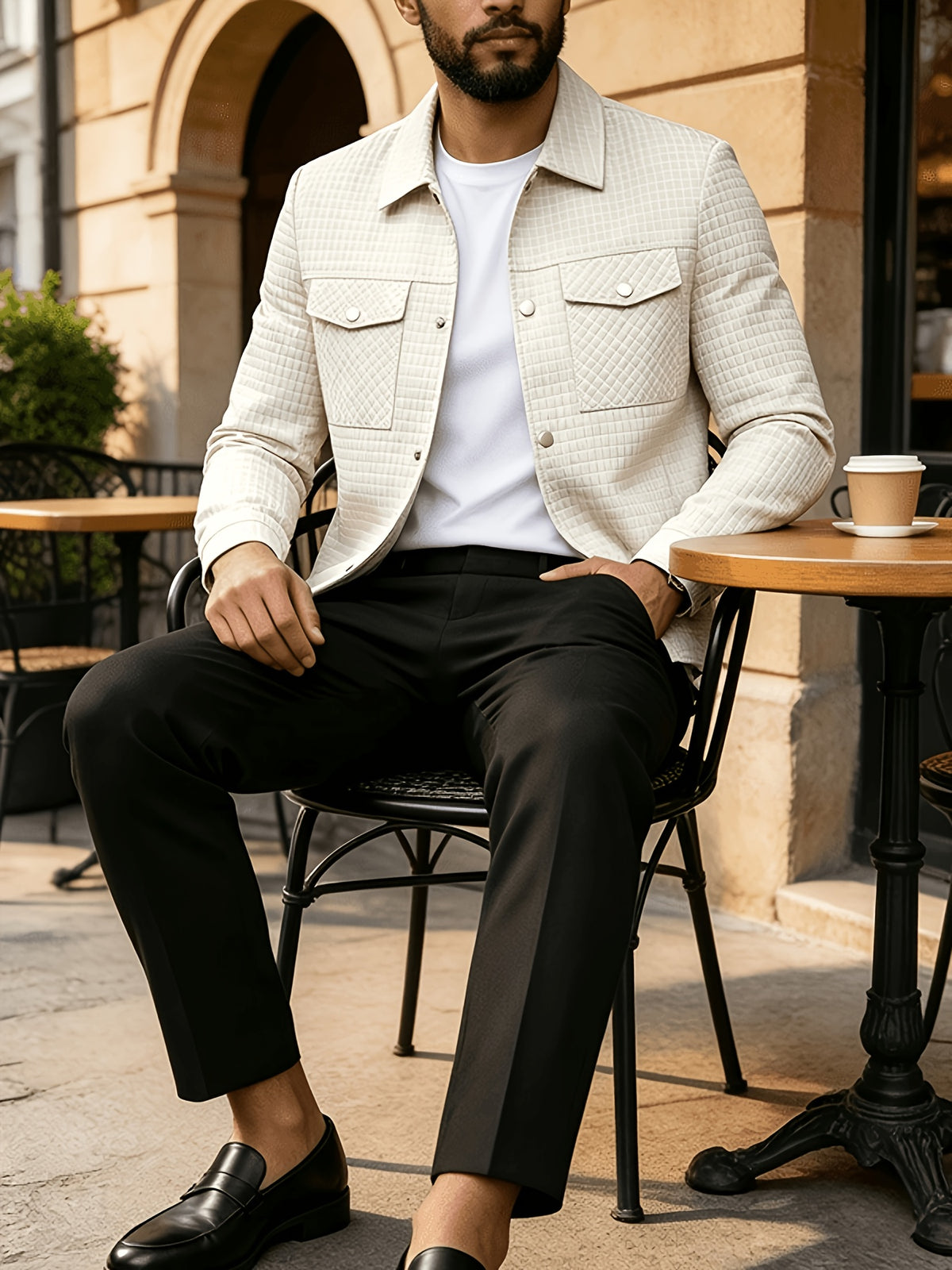 Men'S Plaid Lapel Button-Front Jacket, 100% Polyester Breathable Anti-Scratch Quick-Dry Wrinkle-Resistant Office Daily Casual Outerwear - Beige Color