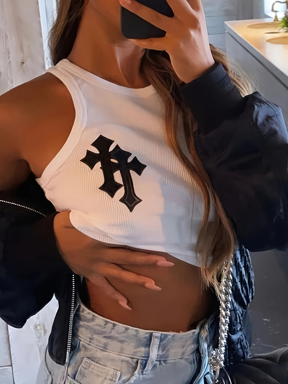 White Cross-patch Ribbed Cropped Vest - White